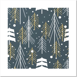 Winter night forest with trees and snowing Posters and Art